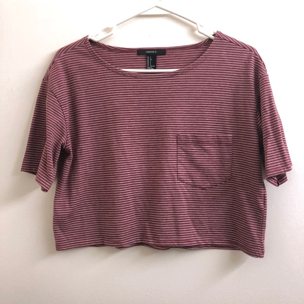 Red Stripe Forever 21 Crop Top Pocket Tee